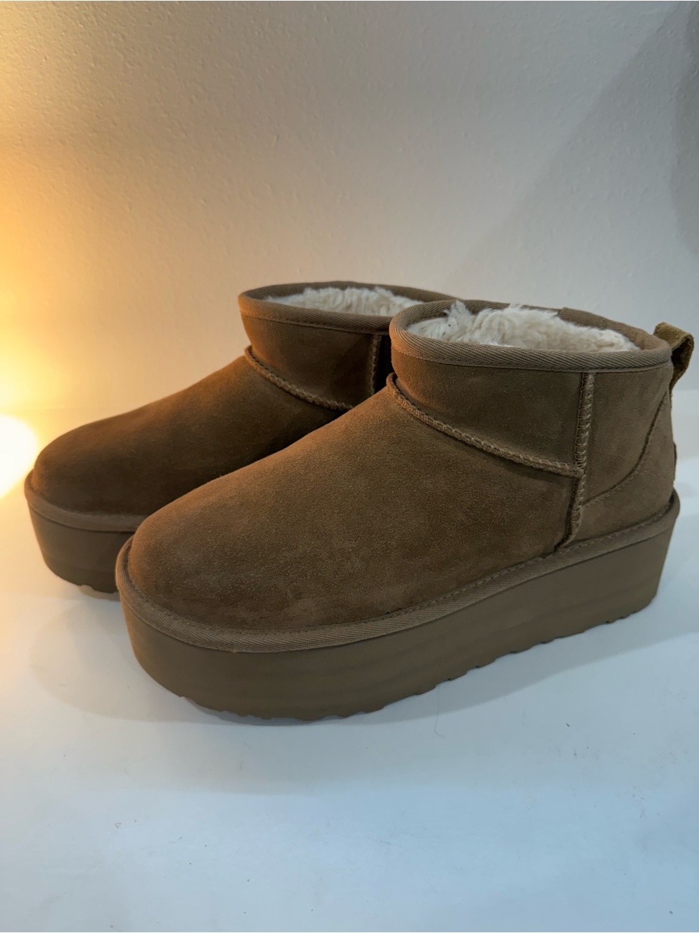 UGG Chestnut Suede Platform Shearling Slip-On Slippers
